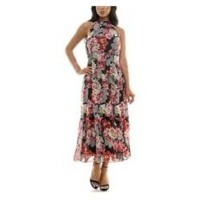 Nina Leonard Floral Halter Maxi Dress - Black and Red